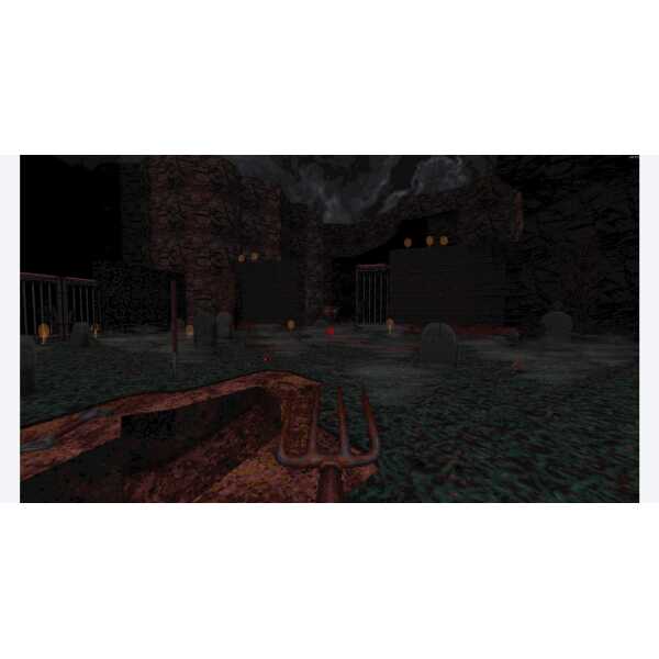A dark, eerie game environment with a pitchfork in the foreground, surrounded by ominous structures.