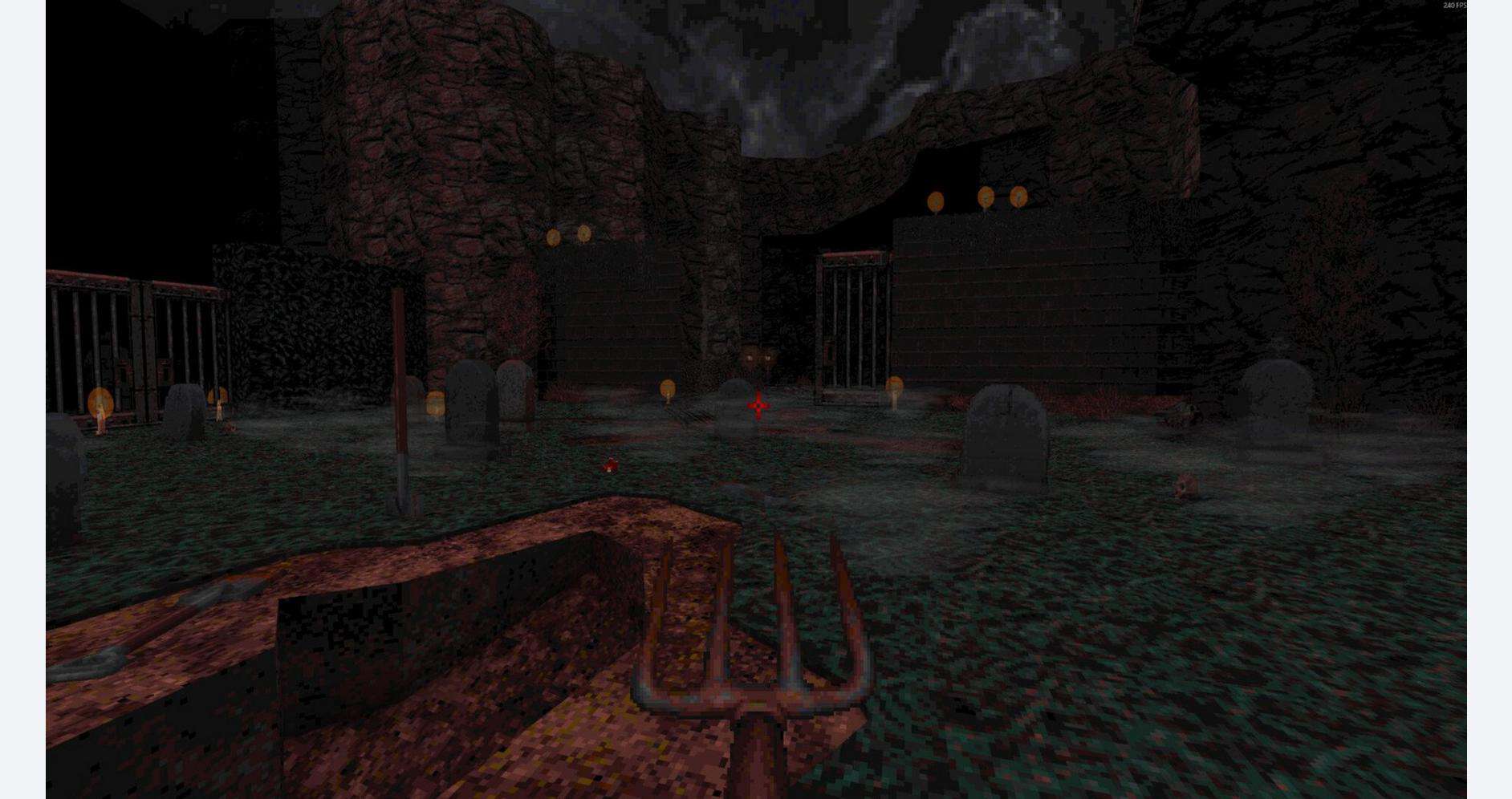 A dark, eerie game environment with a pitchfork in the foreground, surrounded by ominous structures.