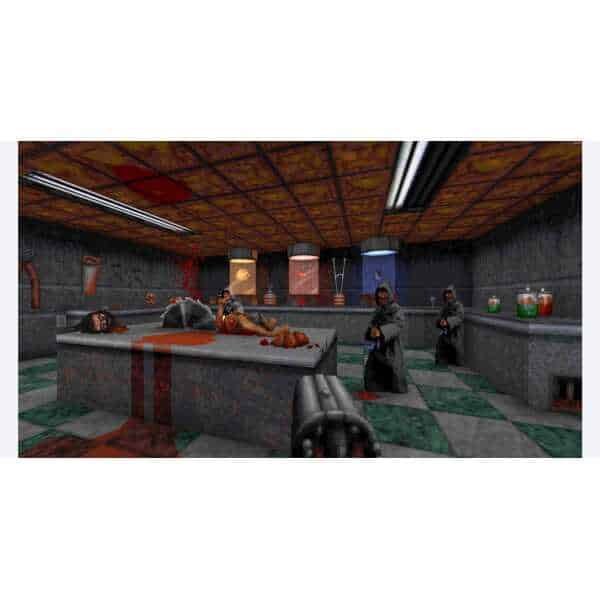 A game scene from a classic first-person shooter with intense combat and detailed environment.