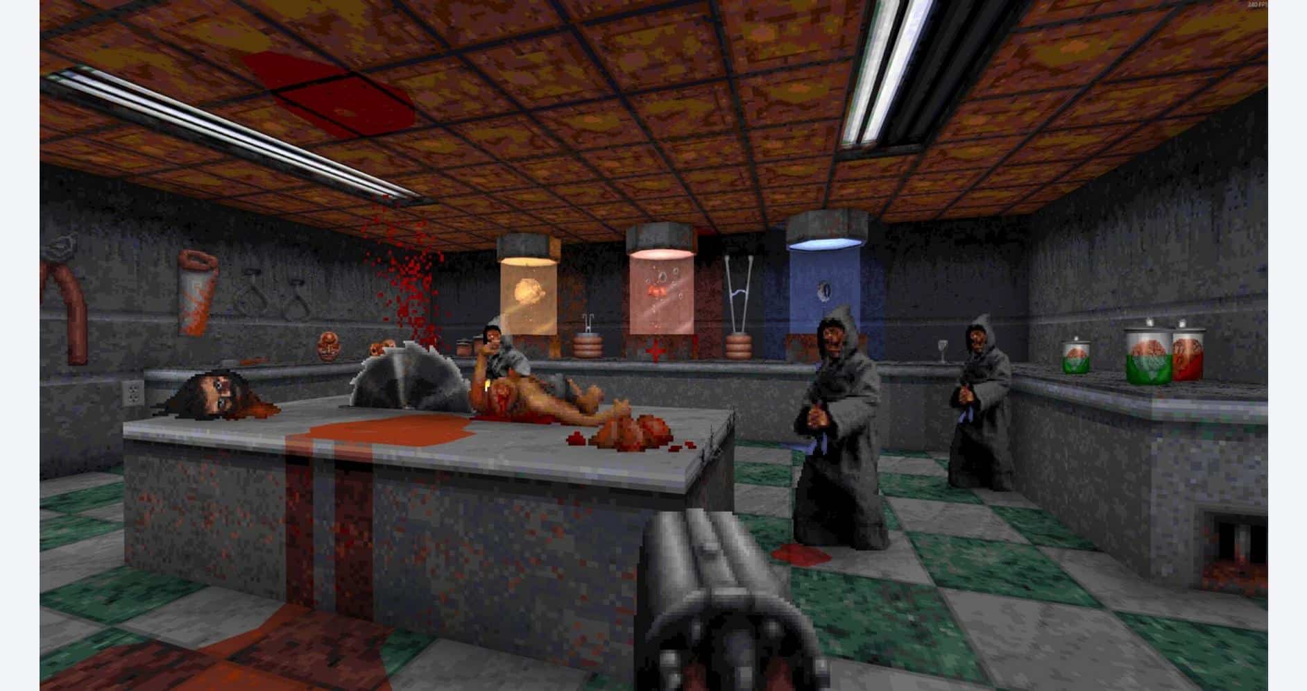 A game scene from a classic first-person shooter with intense combat and detailed environment.