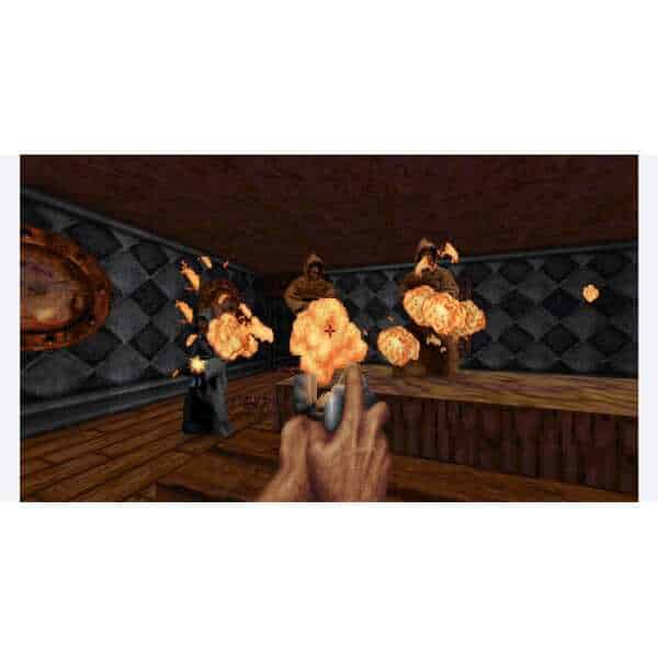 Explosive weapon firing in a dark, dungeon-like environment with fire effects and stone walls.