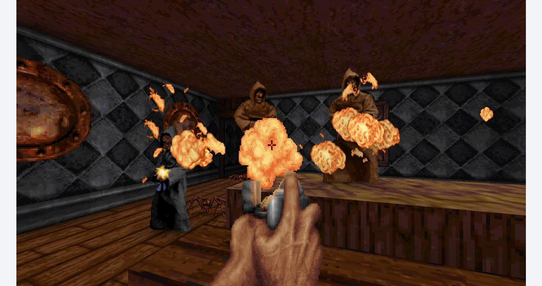 Explosive weapon firing in a dark, dungeon-like environment with fire effects and stone walls.