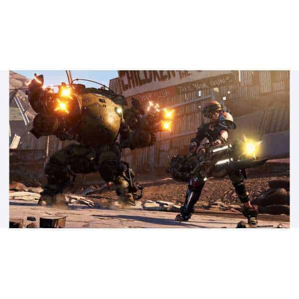 Futuristic combat scene with a large mech and soldier in a war-torn city environment.