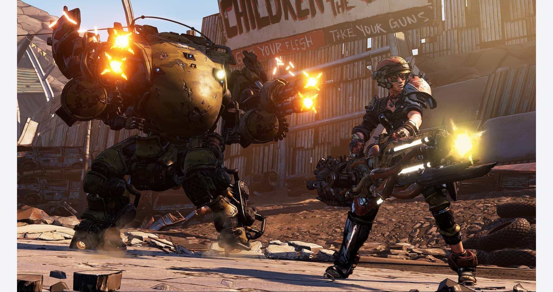 Futuristic combat scene with a large mech and soldier in a war-torn city environment.