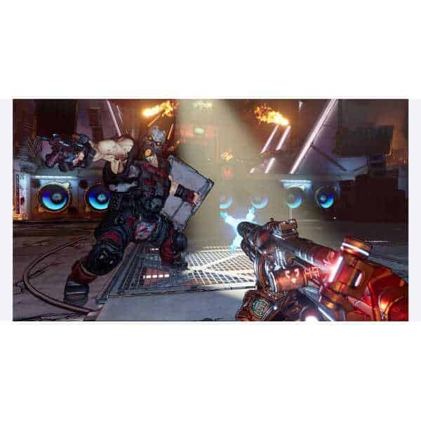 High-intensity sci-fi shooter game scene with armed character and futuristic weapons.