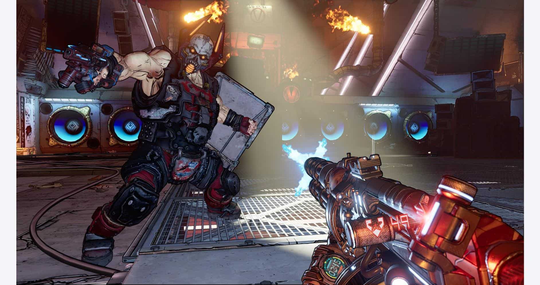 High-intensity sci-fi shooter game scene with armed character and futuristic weapons.