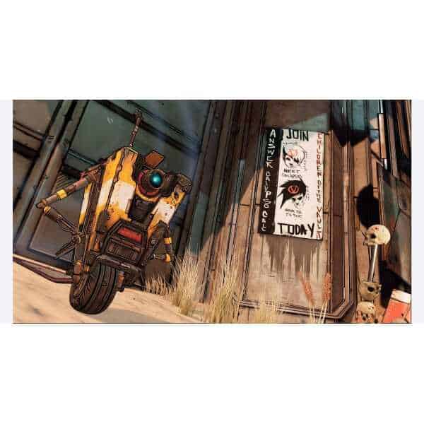 Borderlands-style robot character in a post-apocalyptic urban setting.