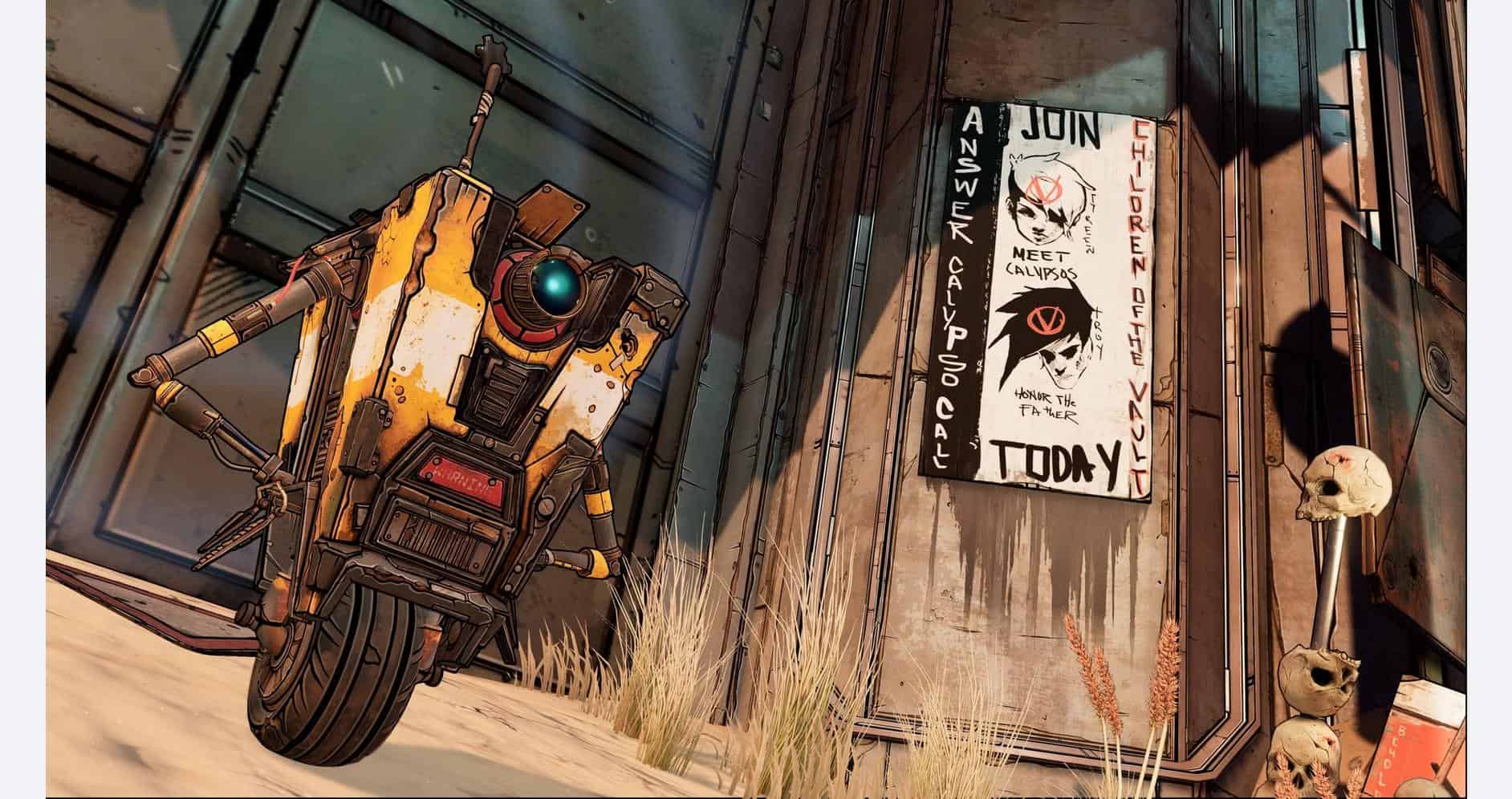 Borderlands-style robot character in a post-apocalyptic urban setting.