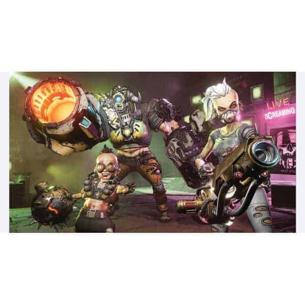 Explosive robot and diverse characters in a futuristic gaming environment with neon lights.