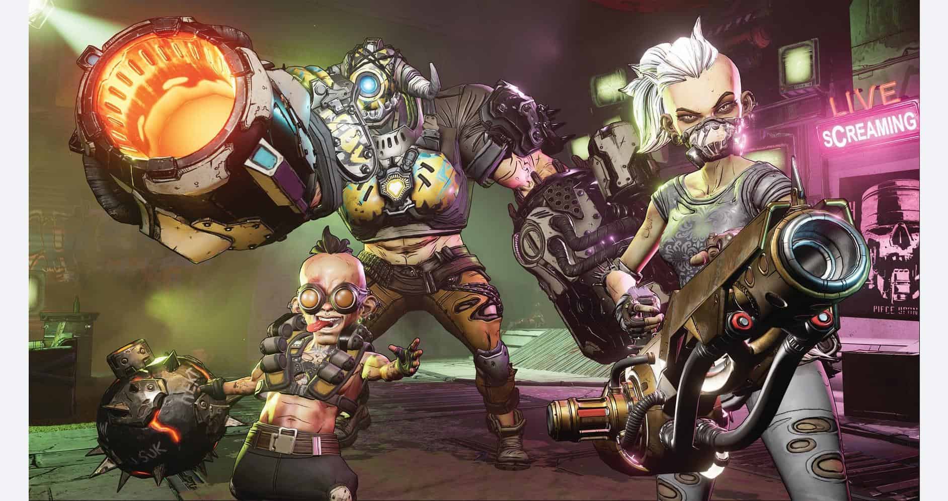 Explosive robot and diverse characters in a futuristic gaming environment with neon lights.