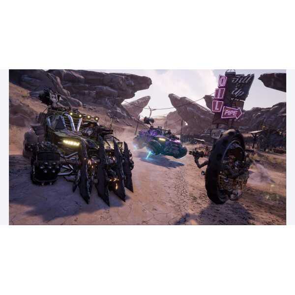 High-tech armored vehicles in a desert landscape with rocky formations and neon-lit signs, showcasin.