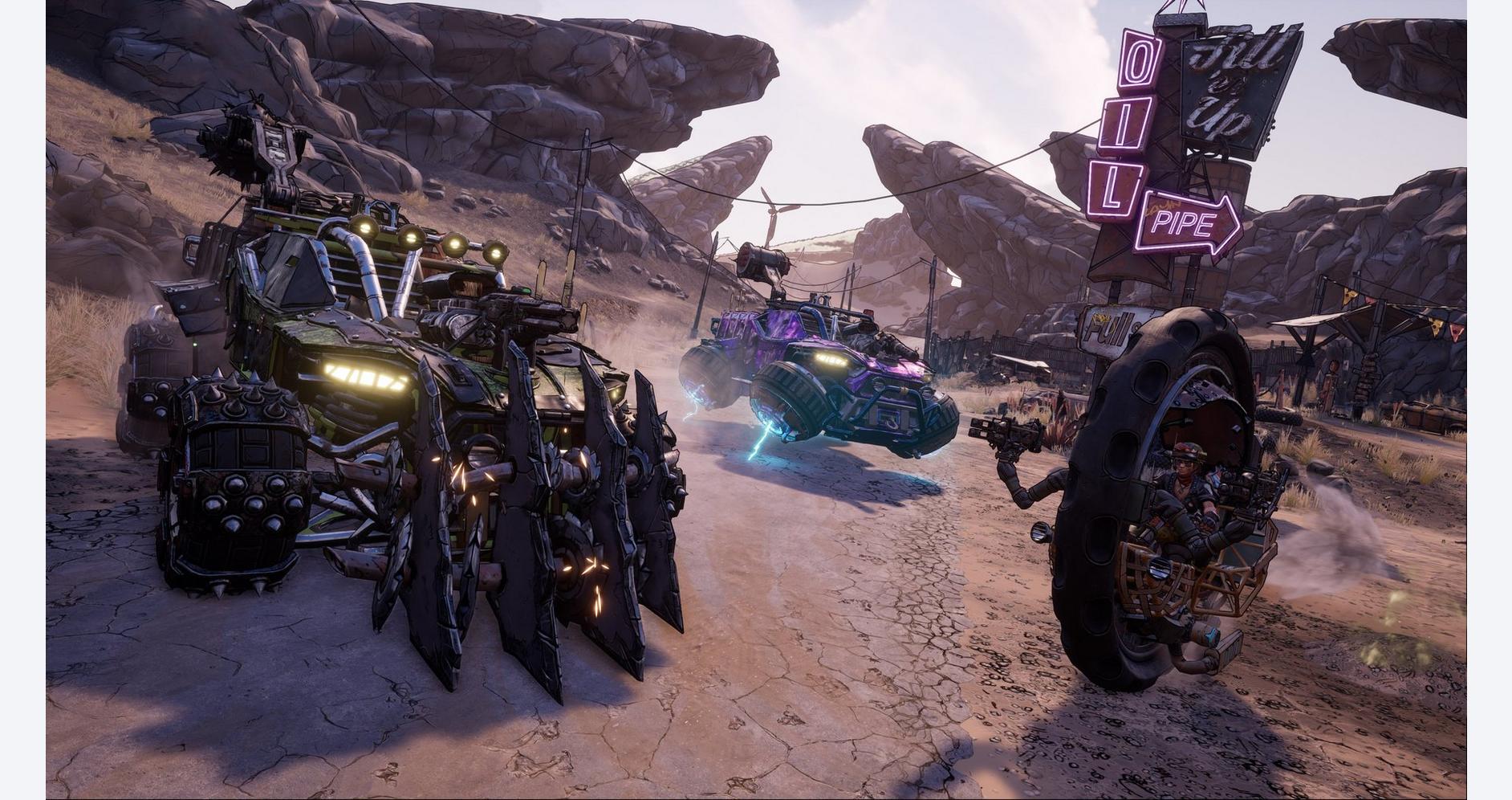 High-tech armored vehicles in a desert landscape with rocky formations and neon-lit signs, showcasin.