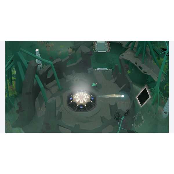 A lush, green forest with a mysterious, glowing ancient stone structure emitting light and energy.