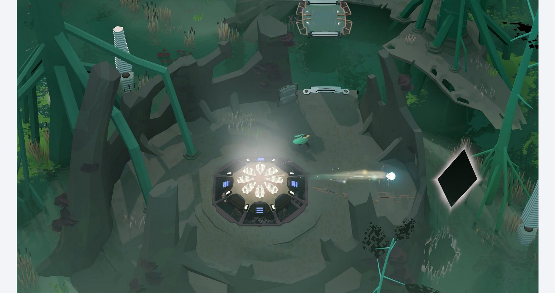 A lush, green forest with a mysterious, glowing ancient stone structure emitting light and energy.