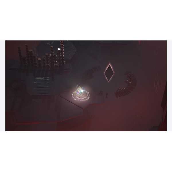 A futuristic digital game scene with glowing elements and abstract geometric shapes.