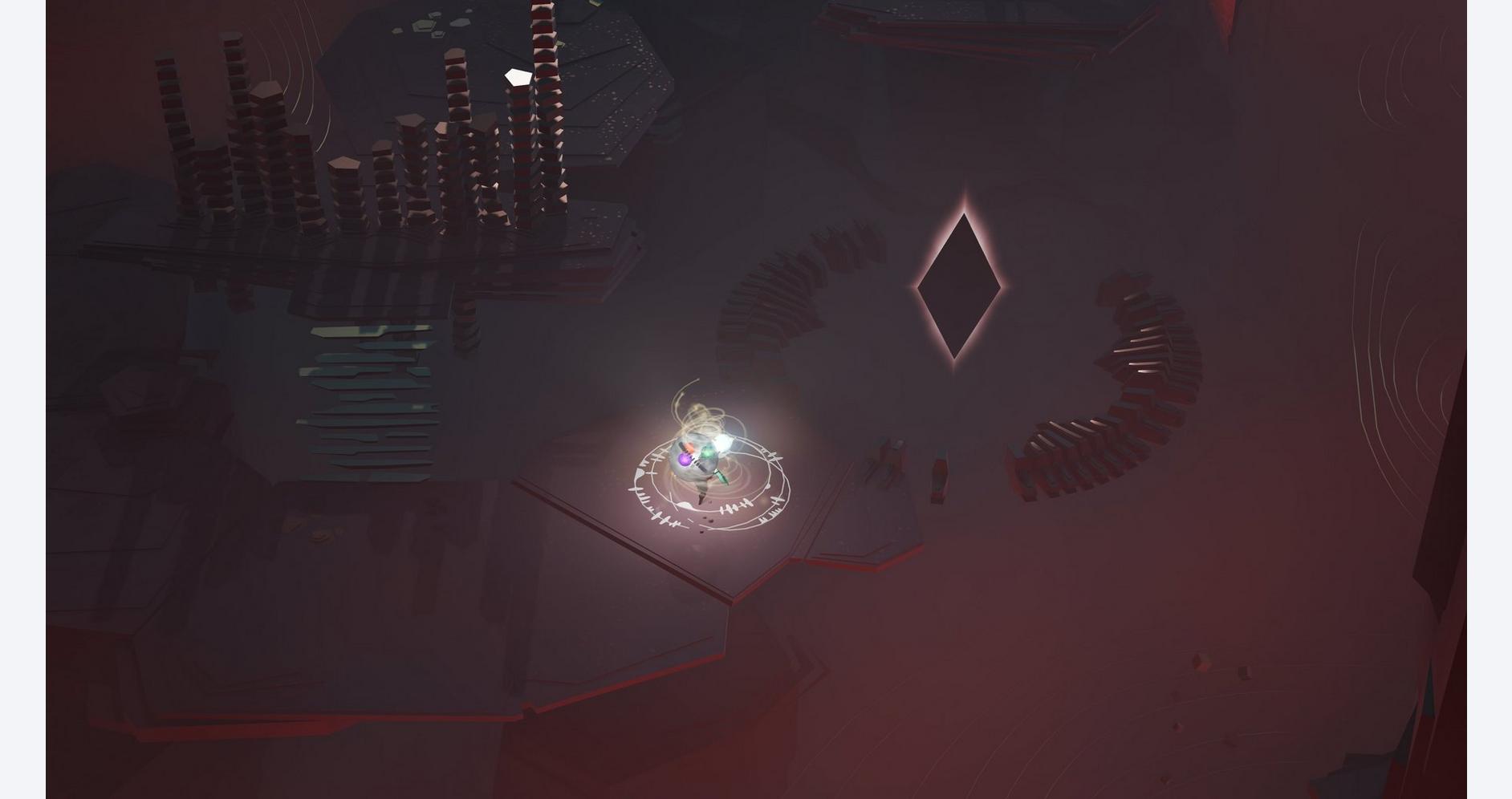 A futuristic digital game scene with glowing elements and abstract geometric shapes.