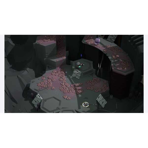 Futuristic gaming scene with robotic elements and digital environment.