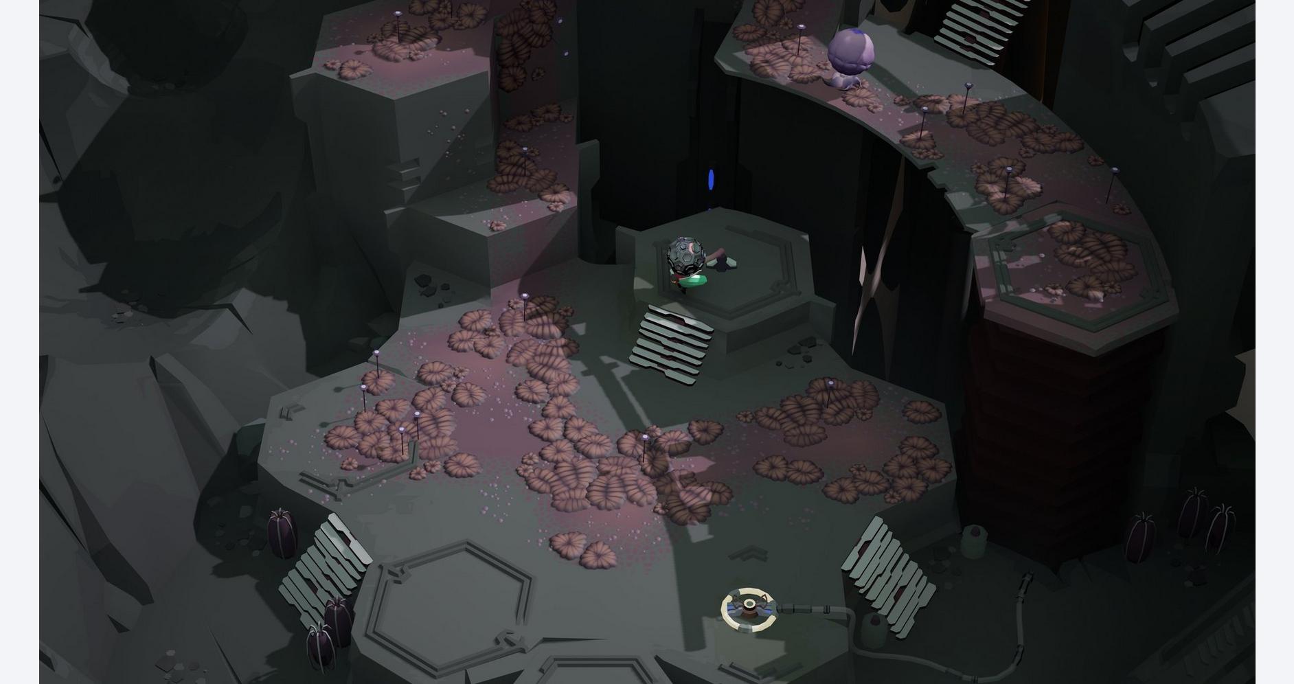 Futuristic gaming scene with robotic elements and digital environment.