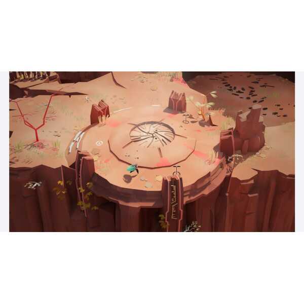 Ancient stone circle on a rocky cliff with wind turbines in the background, digital game environment.