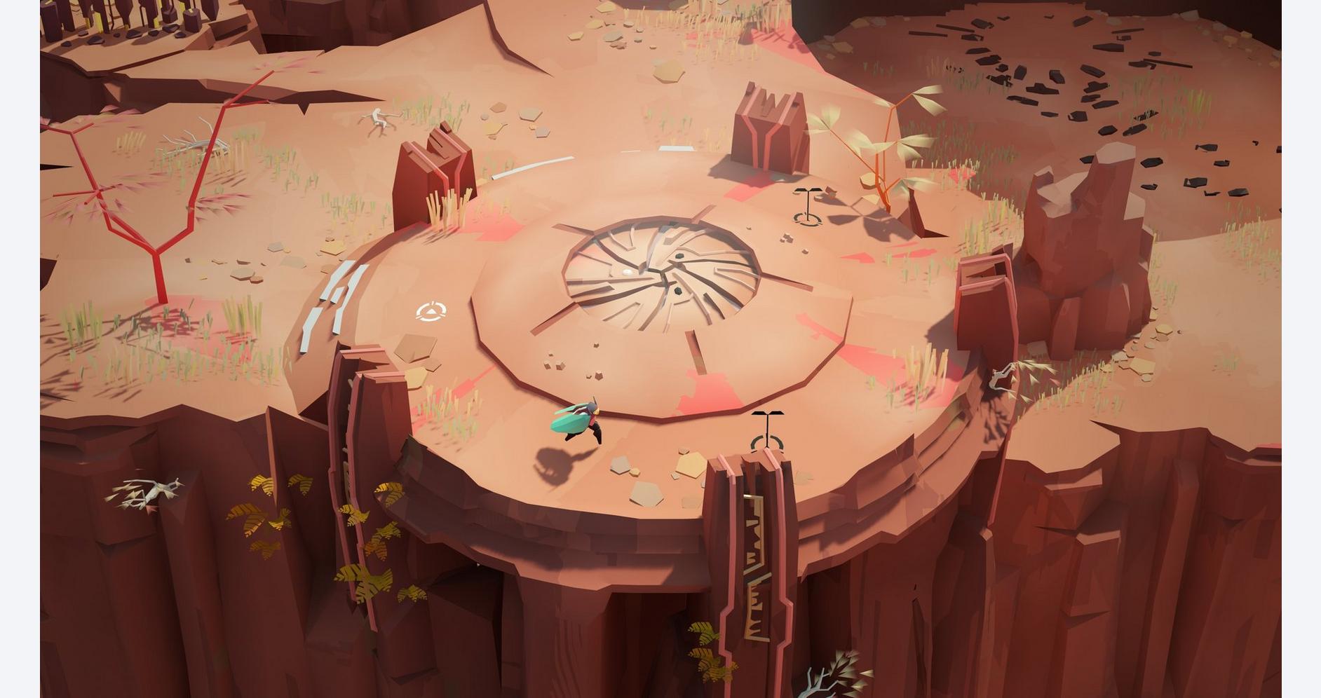 Ancient stone circle on a rocky cliff with wind turbines in the background, digital game environment.