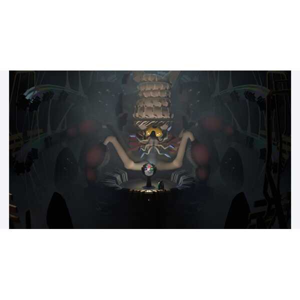 A colorful, surreal digital artwork featuring a central figure with a skull-like face, surrounded by.