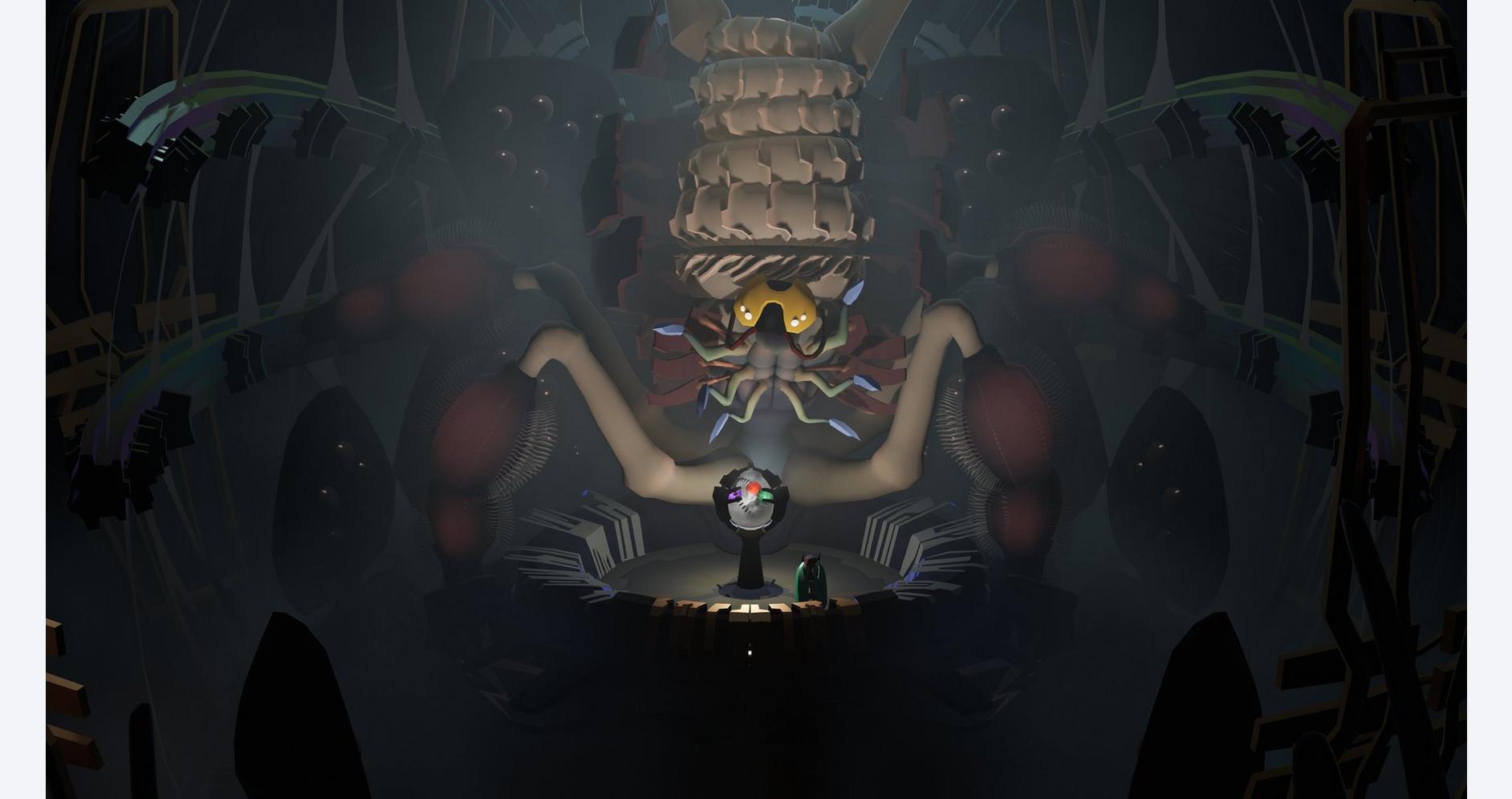 A colorful, surreal digital artwork featuring a central figure with a skull-like face, surrounded by.