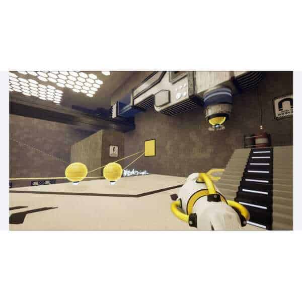 First-person view of ChromaGun 2: Dye Hard with colorful spheres and laser puzzles.