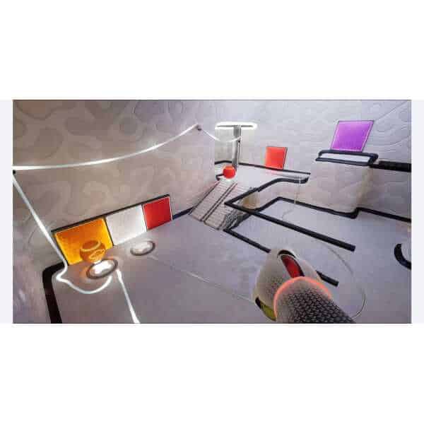 ChromaGun 2: Dye Hard puzzle game environment with colorful panels and laser beams.