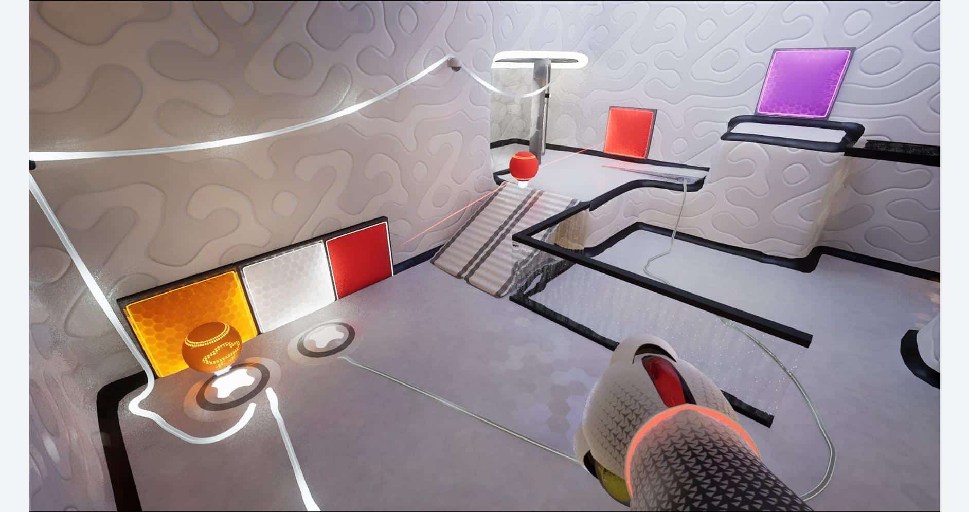 ChromaGun 2: Dye Hard puzzle game environment with colorful panels and laser beams.