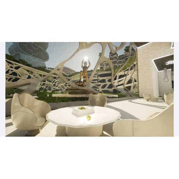 Futuristic interior scene from ChromaGun 2: Dye Hard showcasing vibrant colors and innovative design.