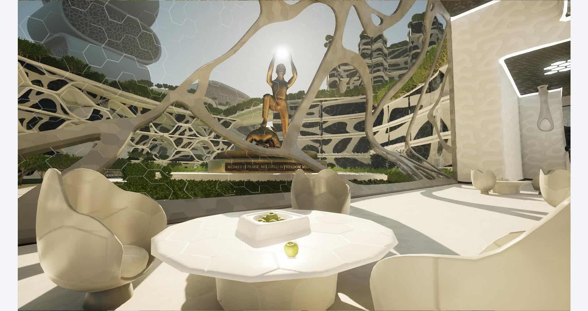 Futuristic interior scene from ChromaGun 2: Dye Hard showcasing vibrant colors and innovative design.