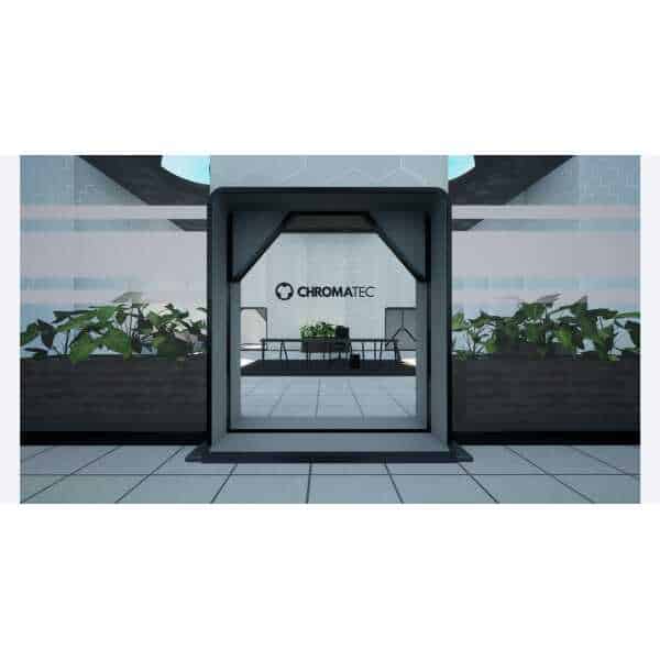 Modern office entrance with "Chromatec" logo and greenery.