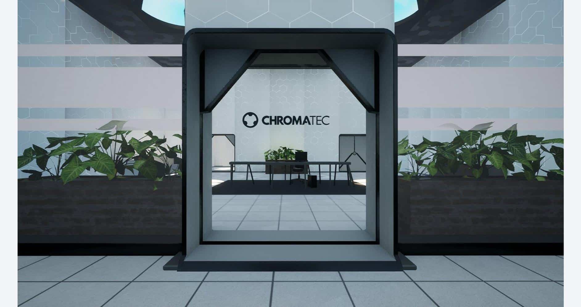 Modern office entrance with "Chromatec" logo and greenery.