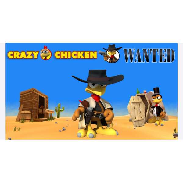 A wild west-themed cartoon chicken character dressed as a cowboy with wanted posters in the backgrou.