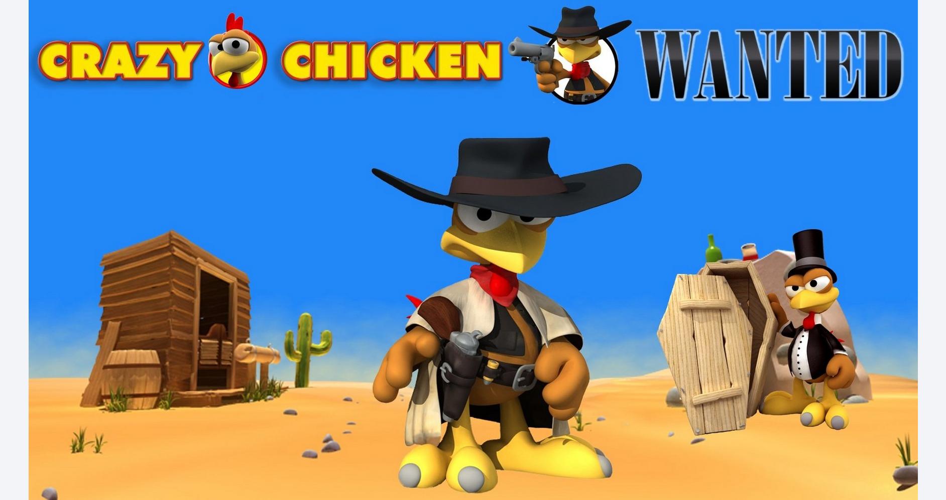 A wild west-themed cartoon chicken character dressed as a cowboy with wanted posters in the backgrou.