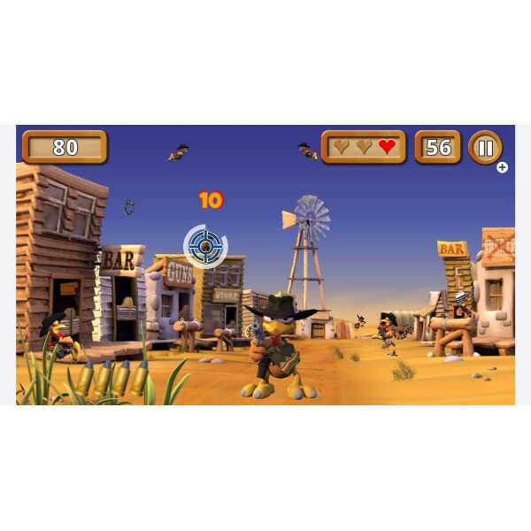 Cowboy cat character aiming a gun in a Wild West town scene.