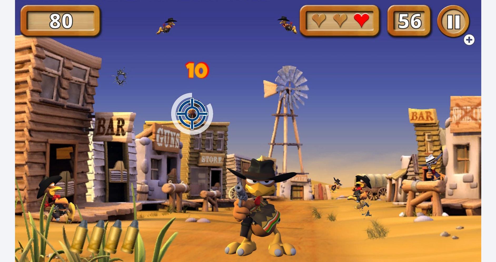Cowboy cat character aiming a gun in a Wild West town scene.