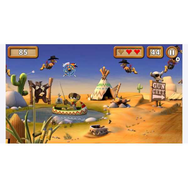 Wild West-themed game scene with cowboys, cacti, and a teepee in a desert setting.