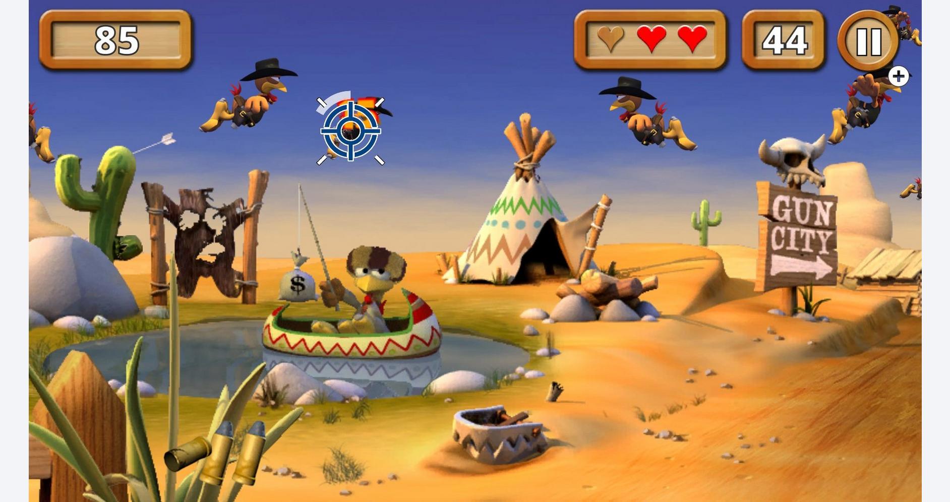 Wild West-themed game scene with cowboys, cacti, and a teepee in a desert setting.