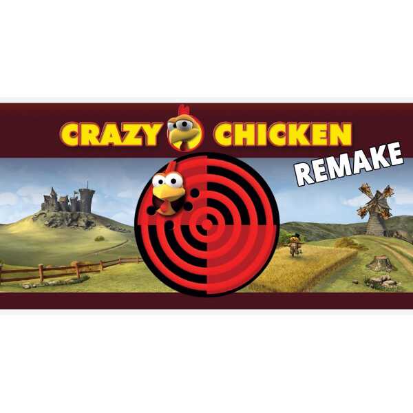 Crazy Chicken Remake video game cover with animated chicken characters and a maze background.