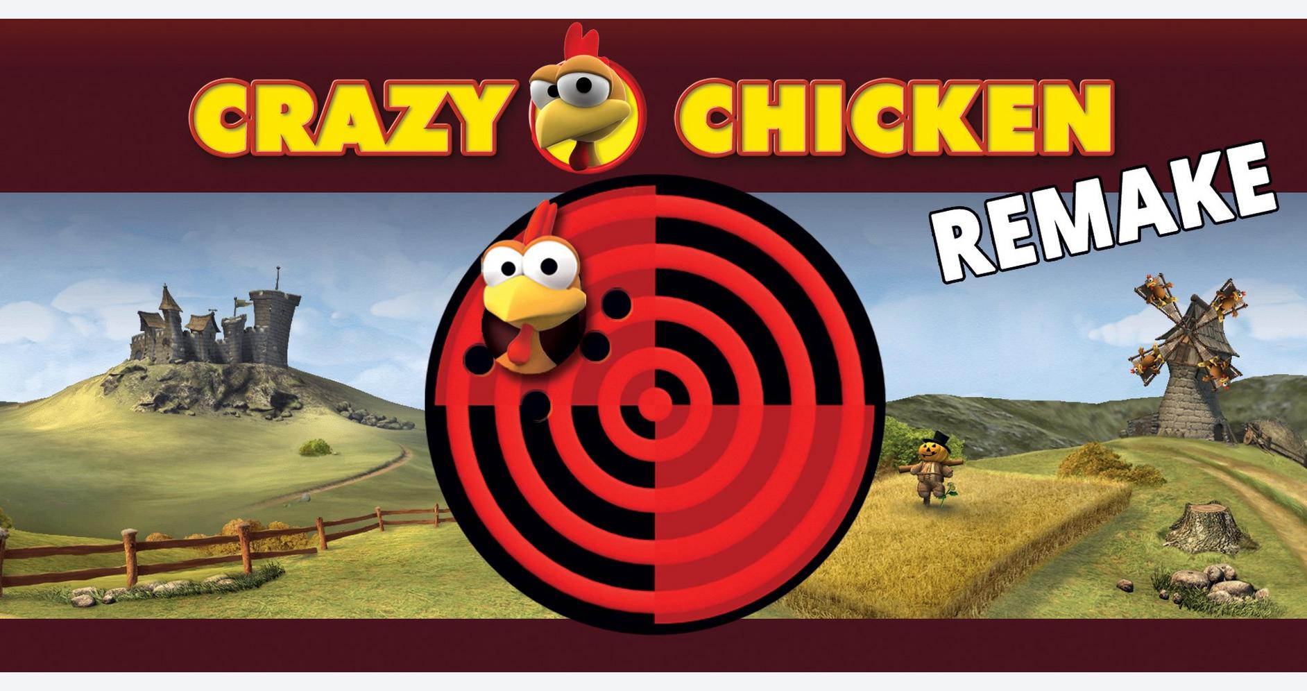 Crazy Chicken Remake video game cover with animated chicken characters and a maze background.