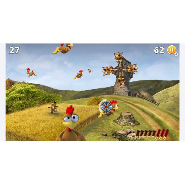 Cartoon chicken characters in a colorful outdoor game scene with a windmill background.