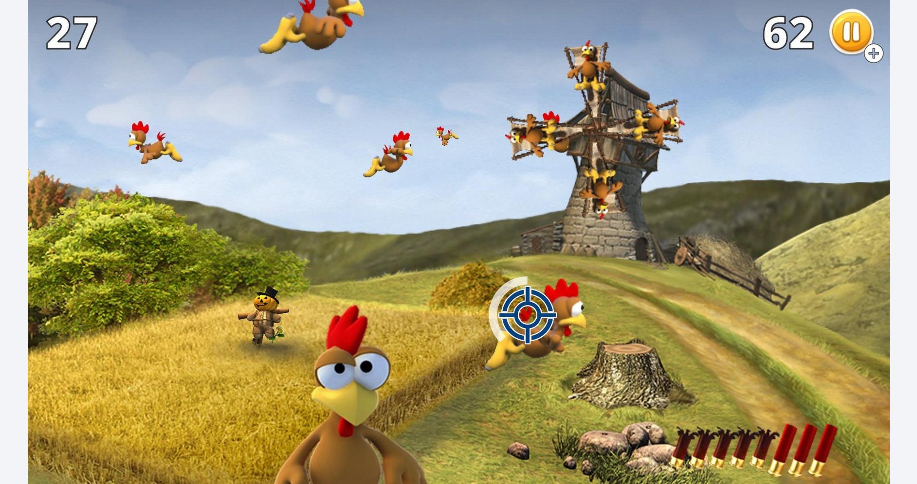 Cartoon chicken characters in a colorful outdoor game scene with a windmill background.
