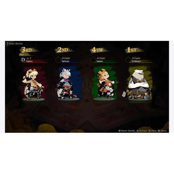 A game character lineup from Gameware showcasing a solo battle with four distinct characters and the.