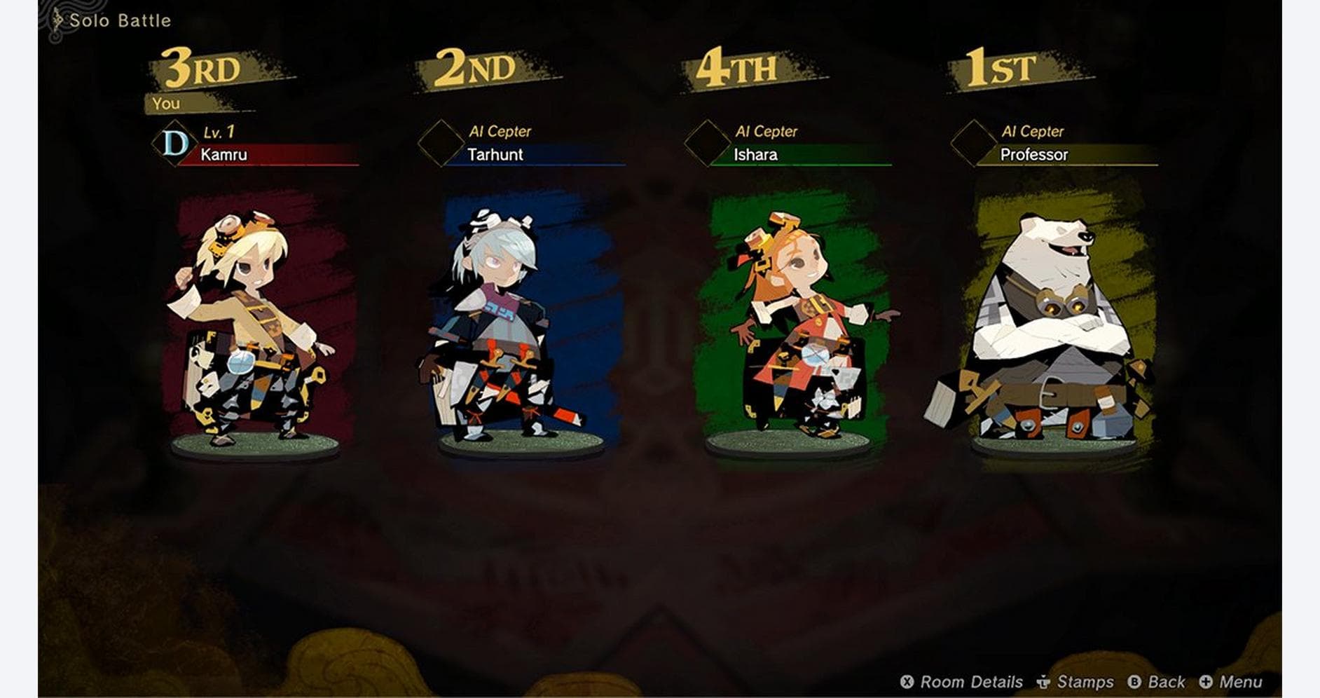 A game character lineup from Gameware showcasing a solo battle with four distinct characters and the.