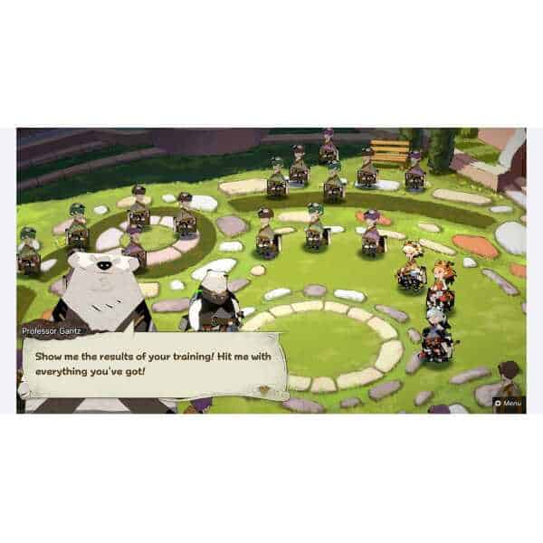 A lush outdoor scene from a game featuring various characters and animals in a circular formation.