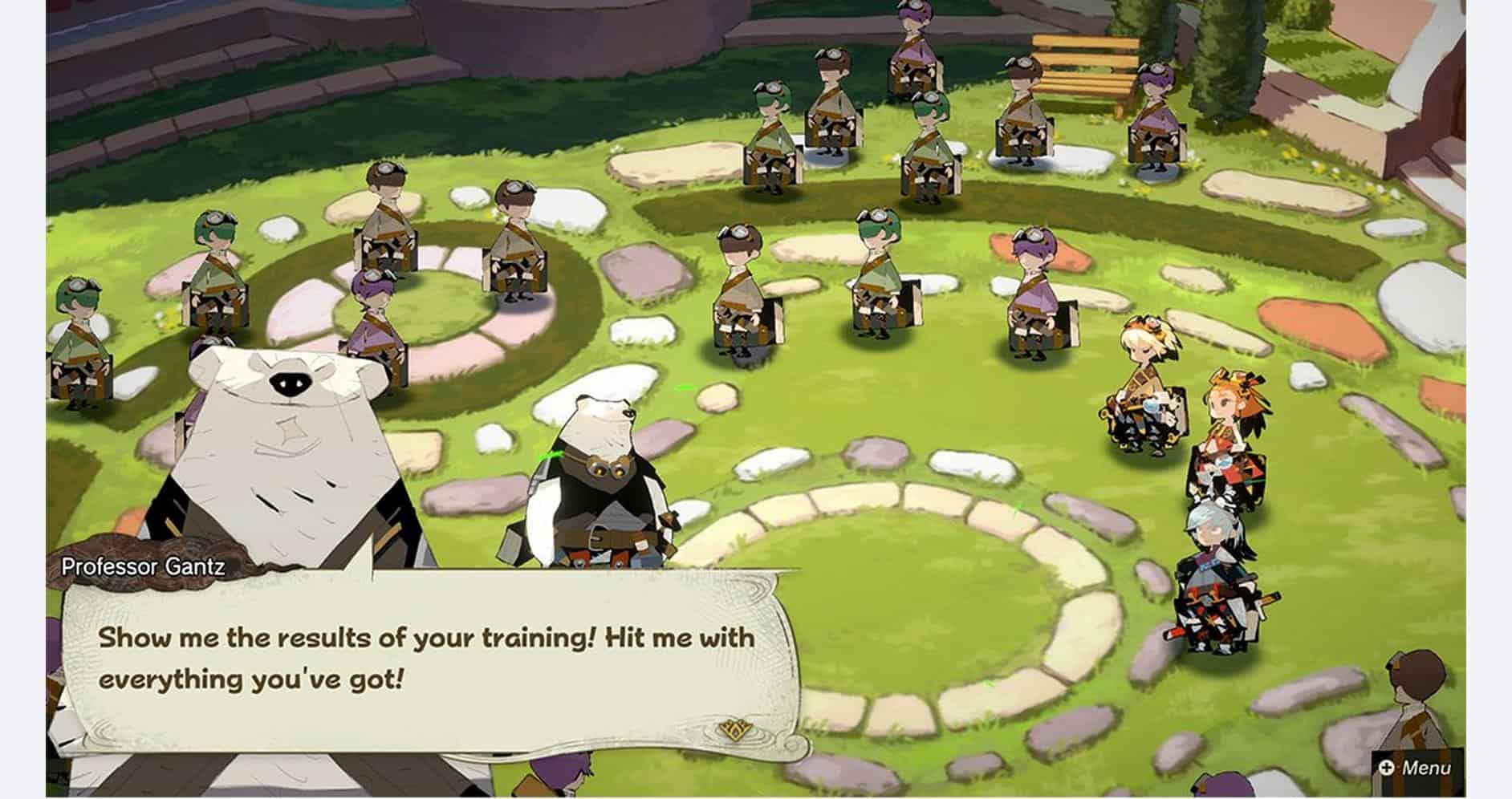 A lush outdoor scene from a game featuring various characters and animals in a circular formation.