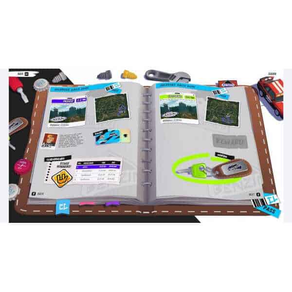 Interactive rally racing game scene with miniature cars and track maps.