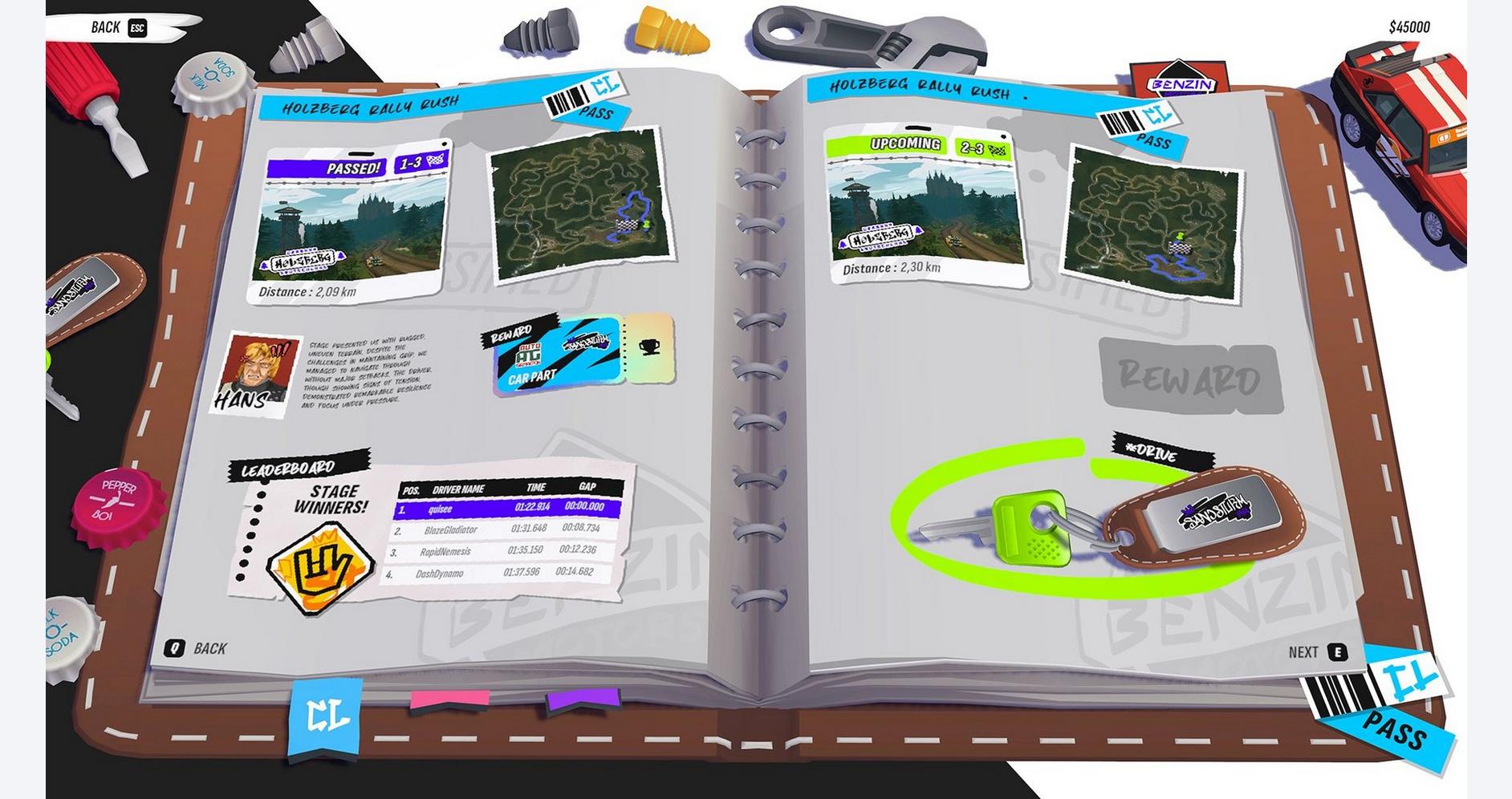 Interactive rally racing game scene with miniature cars and track maps.