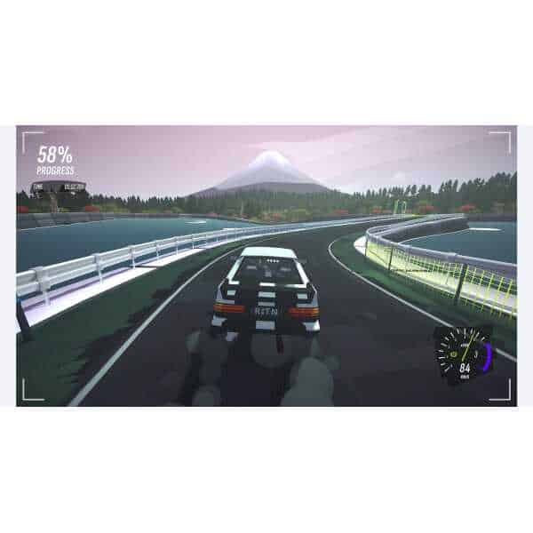Rally car on a winding track with mountain backdrop, ideal for racing game enthusiasts.